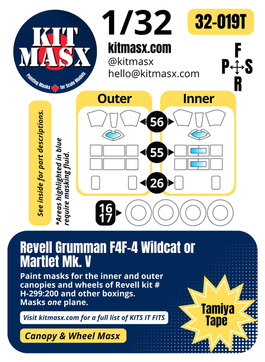 Revell Grumman F4F-4 Wildcat/Martlet Mk. V 1/32 Canopy & Wheel Paint Masks, Kit # H-299:200 (32019)