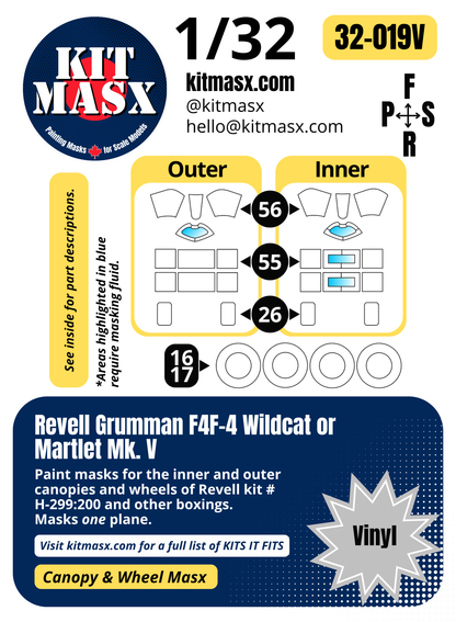 Revell Grumman F4F-4 Wildcat/Martlet Mk. V 1/32 Canopy & Wheel Paint Masks, Kit # H-299:200 (32019)
