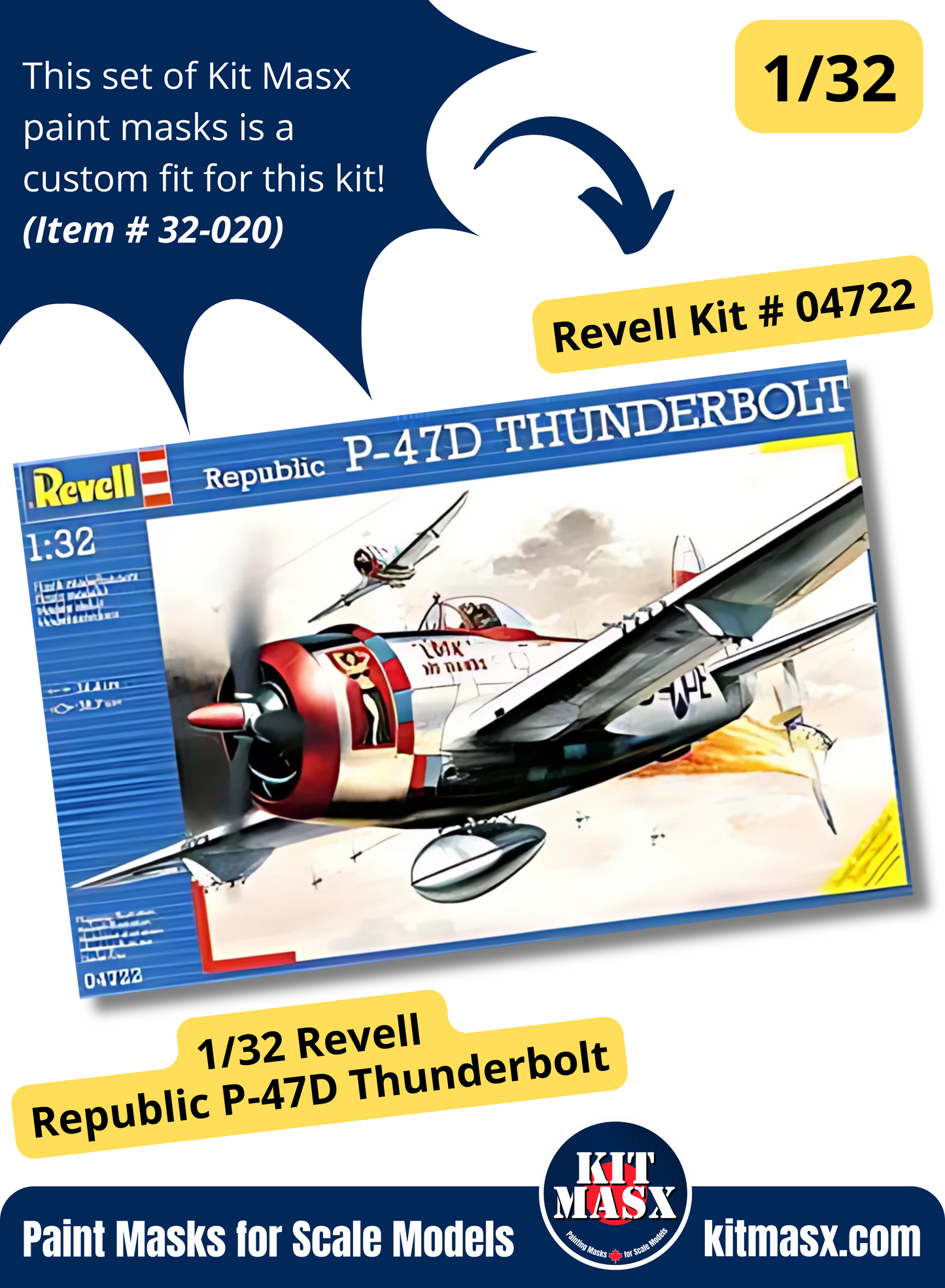 Revell Republic P-47D Thunderbolt 1/32 Canopy & Wheel Paint Masks, Kit # 04722