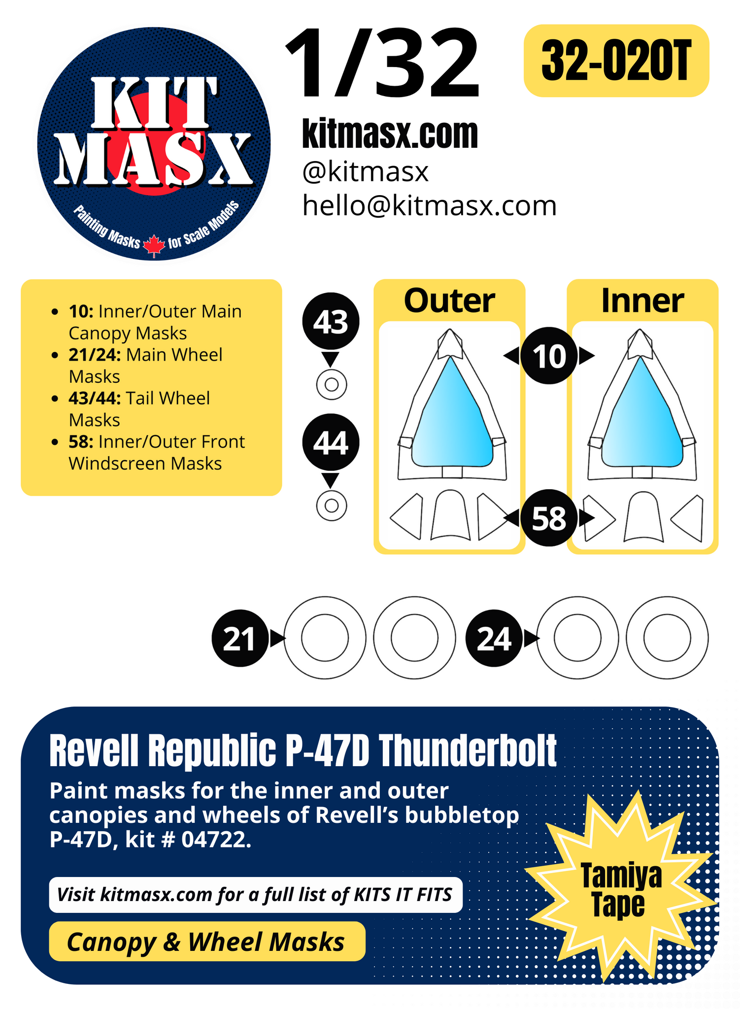 Revell Republic P-47D Thunderbolt 1/32 Canopy & Wheel Paint Masks, Kit # 04722