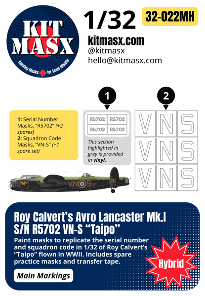 Roy Calvert’s Avro Lancaster Mk.I S/N R5702 VN-S “Taipo” 1/32 Main Marking Paint Masks