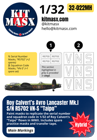 Roy Calvert’s Avro Lancaster Mk.I S/N R5702 VN-S “Taipo” 1/32 Main Marking Paint Masks