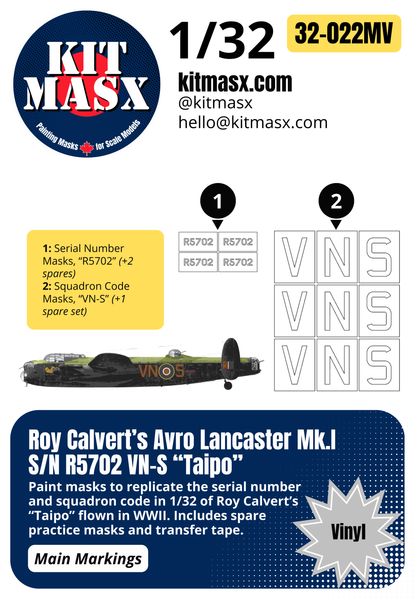 Roy Calvert’s Avro Lancaster Mk.I S/N R5702 VN-S “Taipo” 1/32 Main Marking Paint Masks