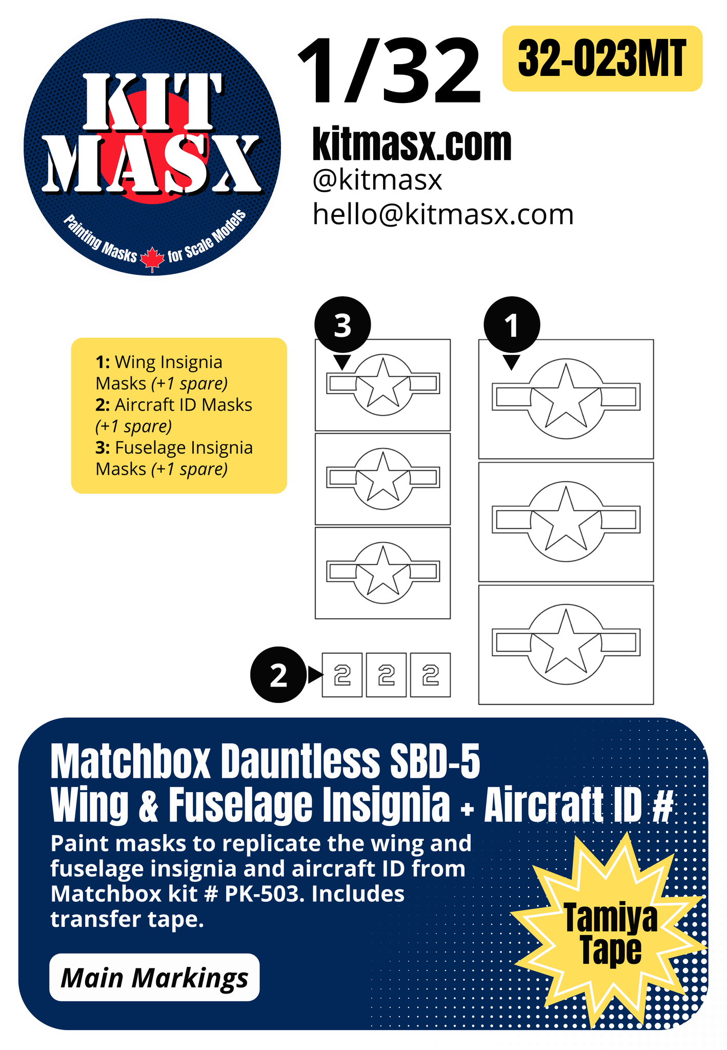 Matchbox Dauntless SBD-5 Wing & Fuselage Insignia + Aircraft ID 1/32 Main Marking Paint Masks, Kit # PK-503