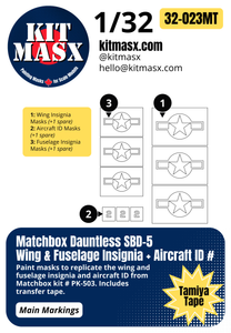 Matchbox Dauntless SBD-5 Wing & Fuselage Insignia + Aircraft ID 1/32 Main Marking Paint Masks, Kit # PK-503