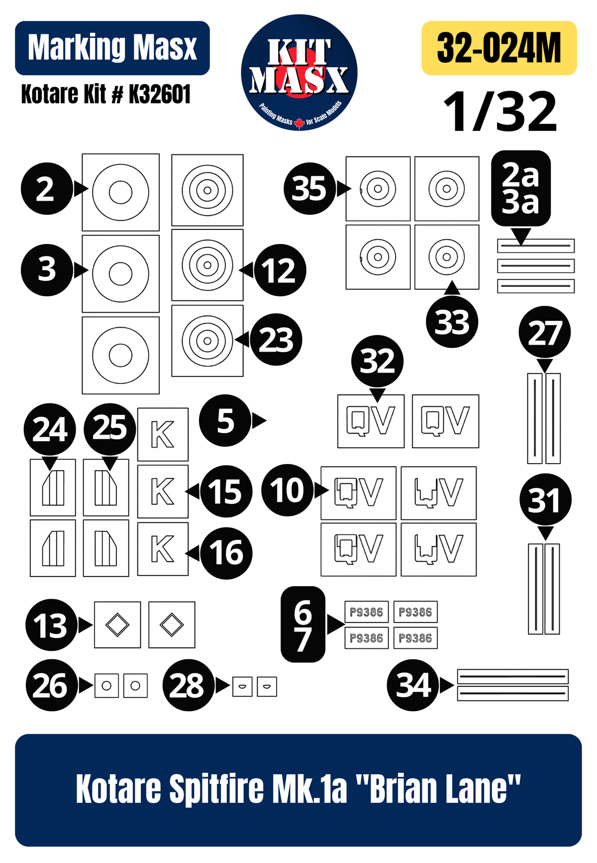 Kotare Spitfire Mk.1a "Brian Lane" 1/32 Main Marking Paint Masks, Kit # K32601 (32024M)