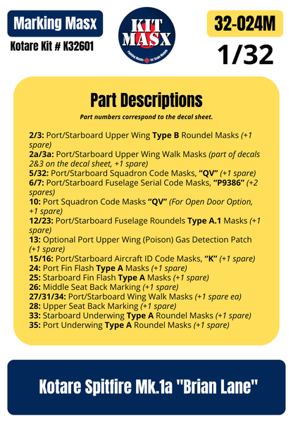 Kotare Spitfire Mk.1a "Brian Lane" 1/32 Main Marking Paint Masks, Kit # K32601 (32024M)