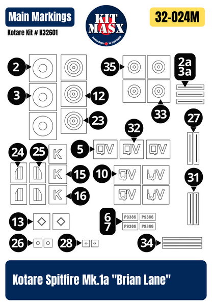 Kotare Spitfire Mk.1a "Brian Lane" 1/32 Main Marking Paint Masks, Kit # K32601