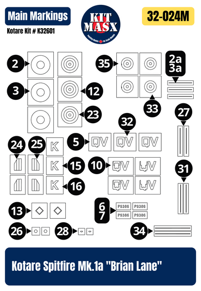 Kotare Spitfire Mk.1a "Brian Lane" 1/32 Main Marking Paint Masks, Kit # K32601