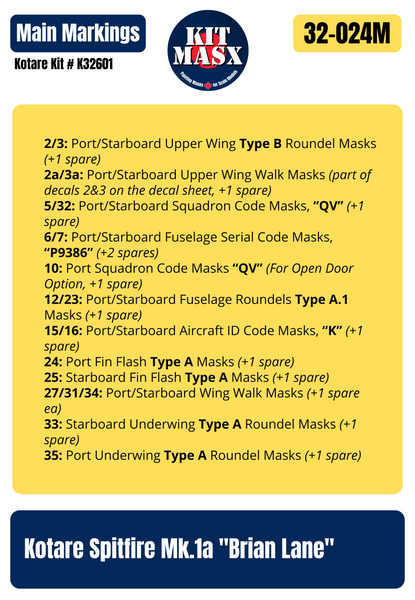 Kotare Spitfire Mk.1a "Brian Lane" 1/32 Main Marking Paint Masks, Kit # K32601