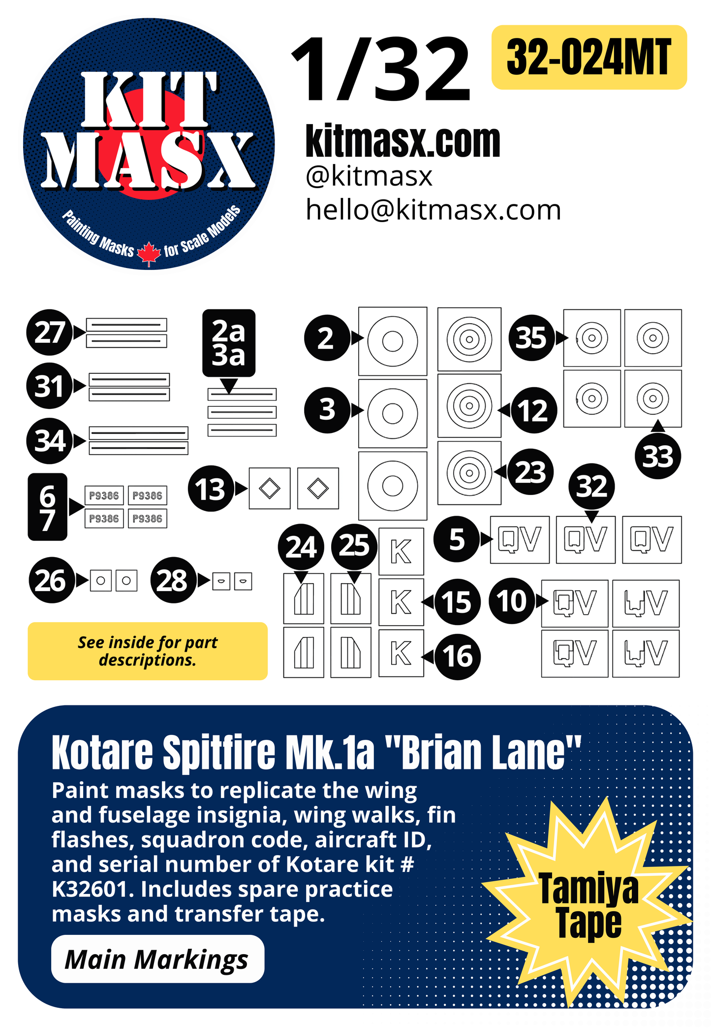 Kotare Spitfire Mk.1a "Brian Lane" 1/32 Main Marking Paint Masks, Kit # K32601