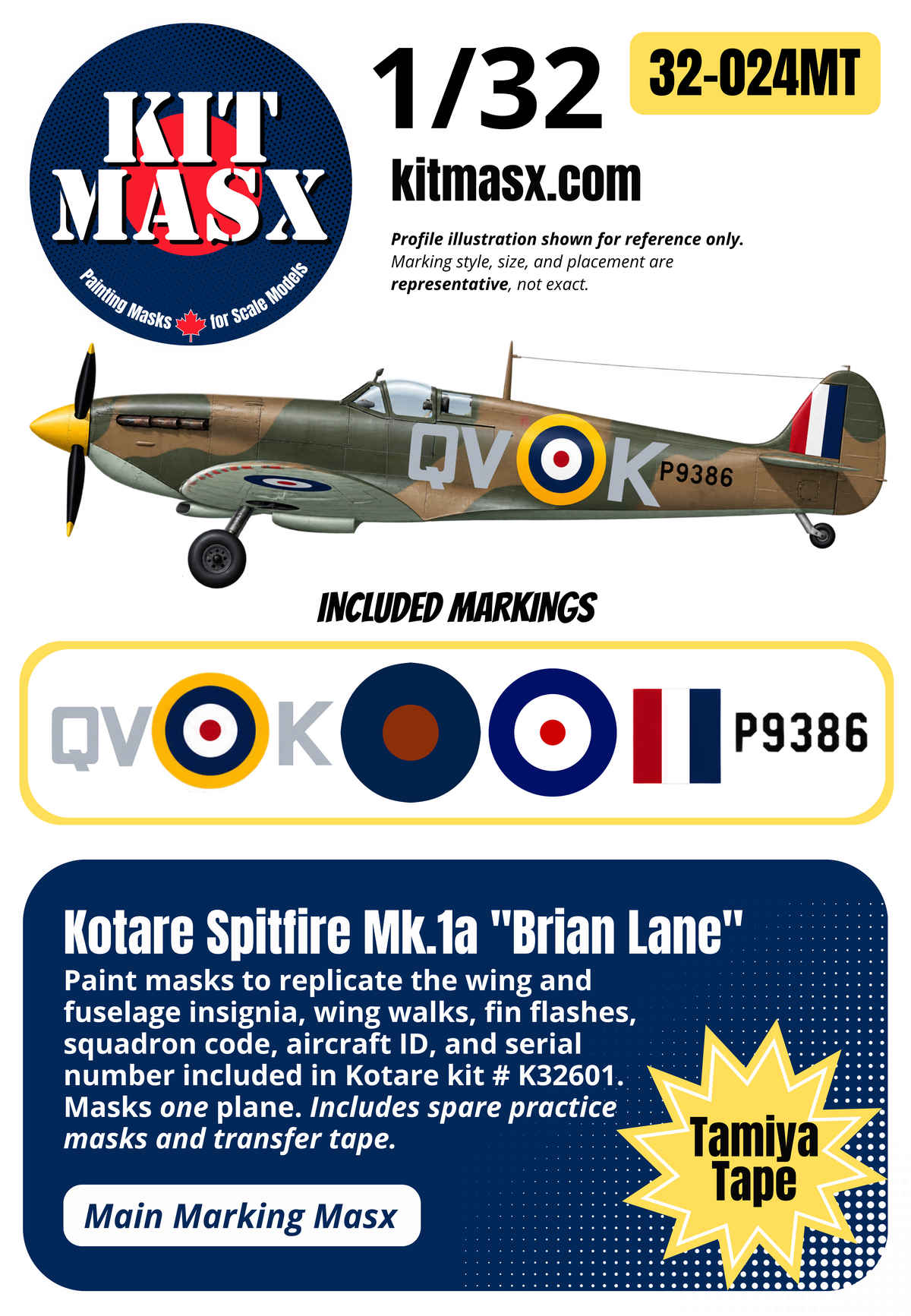Kotare Spitfire Mk.1a "Brian Lane" 1/32 Main Marking Paint Masks, Kit # K32601 (32024M)