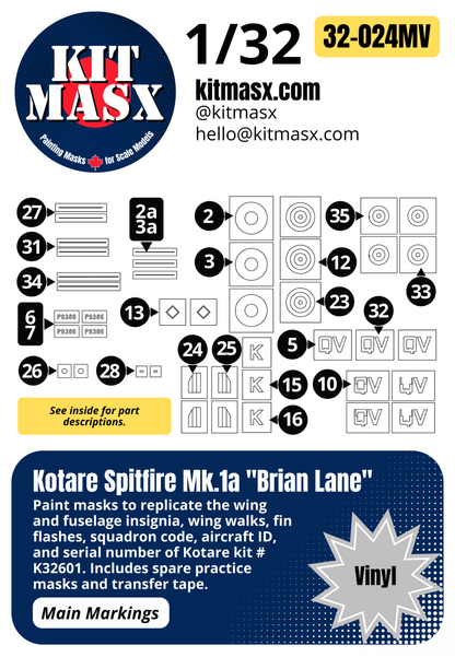 Kotare Spitfire Mk.1a "Brian Lane" 1/32 Main Marking Paint Masks, Kit # K32601