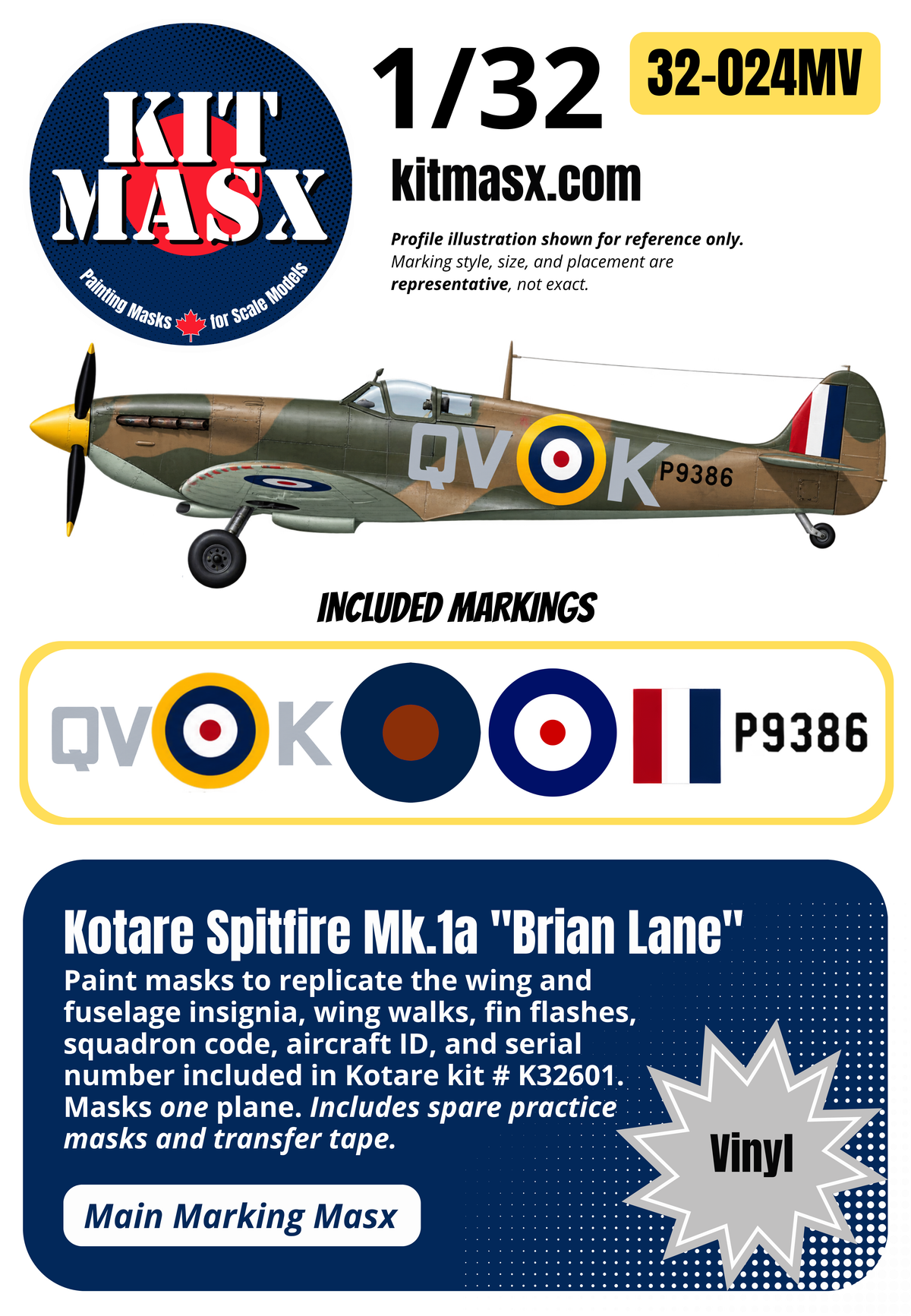 Kotare Spitfire Mk.1a "Brian Lane" 1/32 Main Marking Paint Masks, Kit # K32601 (32024M)