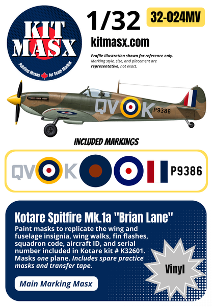 Kotare Spitfire Mk.1a "Brian Lane" 1/32 Main Marking Paint Masks, Kit # K32601 (32024M)