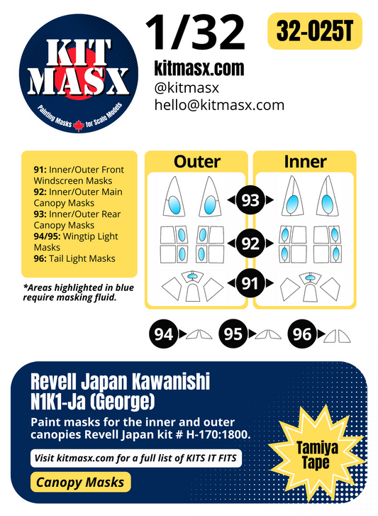 Revell Japan Kawanishi N1K1-Ja (George) 1/32 Canopy Paint Masks, Kit # H-170:1800