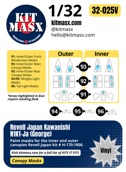 Revell Japan Kawanishi N1K1-Ja (George) 1/32 Canopy Paint Masks, Kit # H-170:1800