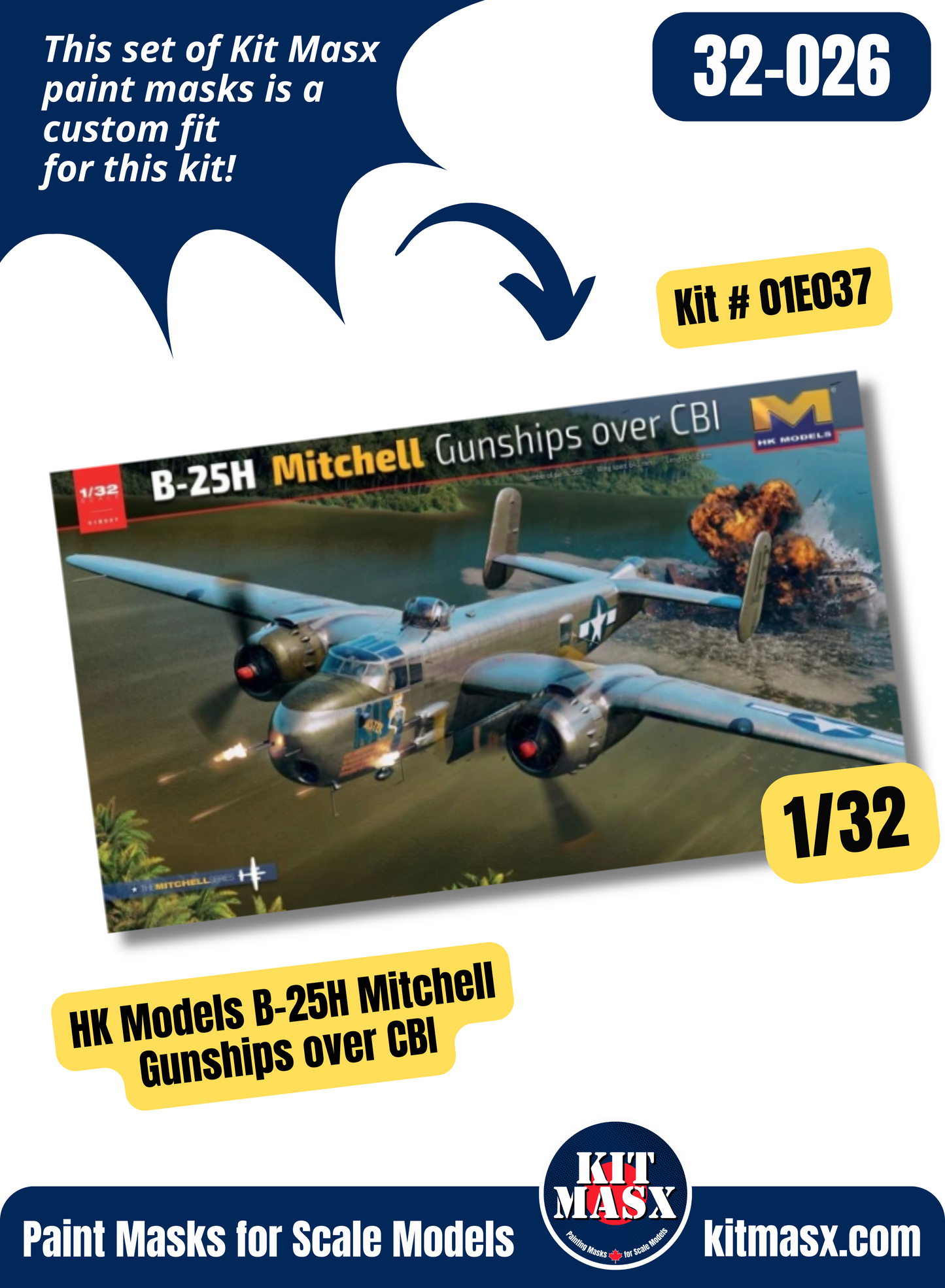 HK Models B-25H/B-25J Mitchell 1/32 Canopy & Wheel Paint Masks, Kit # 01E037