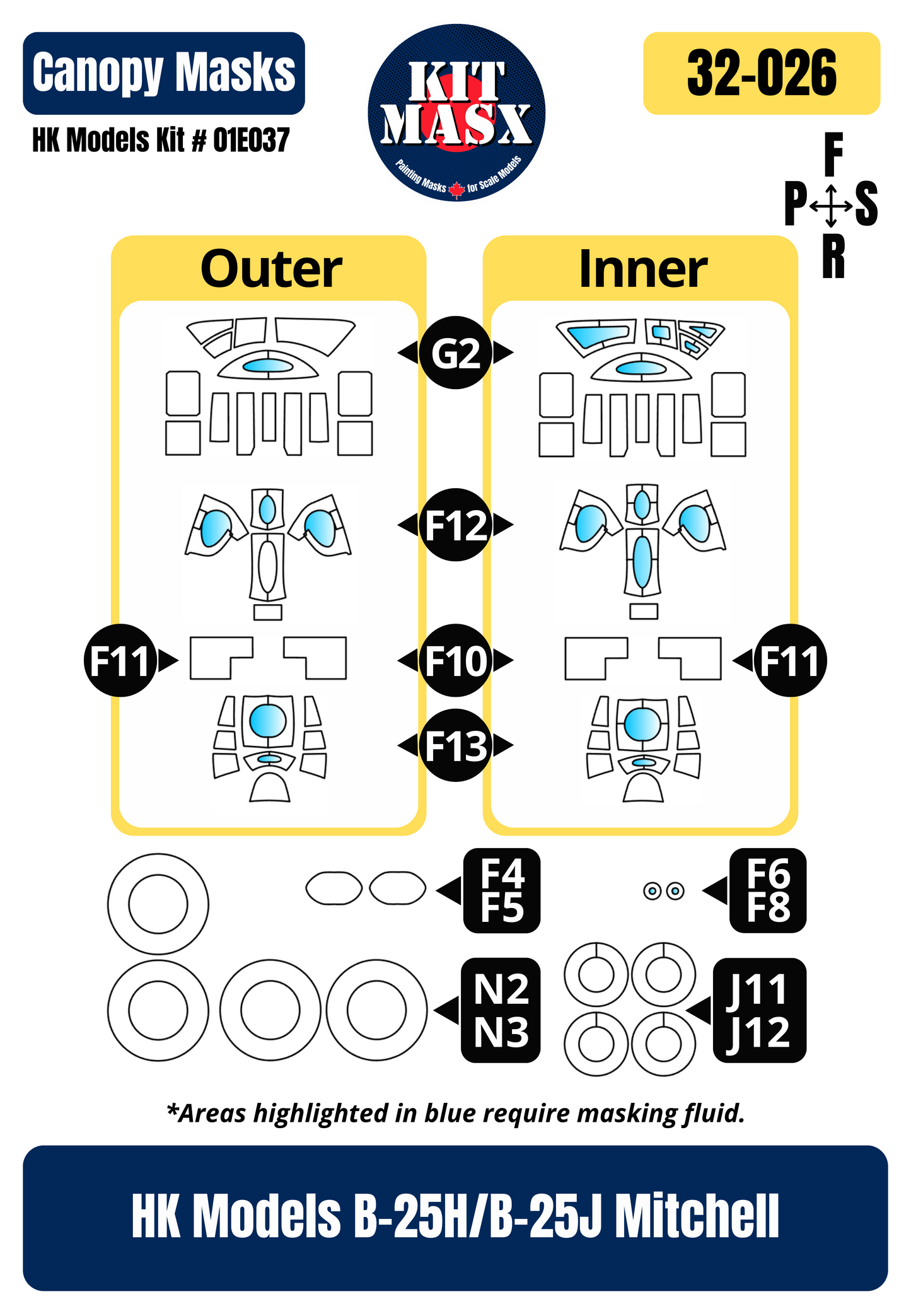 HK Models B-25H/B-25J Mitchell 1/32 Canopy & Wheel Paint Masks, Kit # 01E037