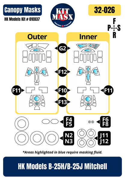 HK Models B-25H/B-25J Mitchell 1/32 Canopy & Wheel Paint Masks, Kit # 01E037