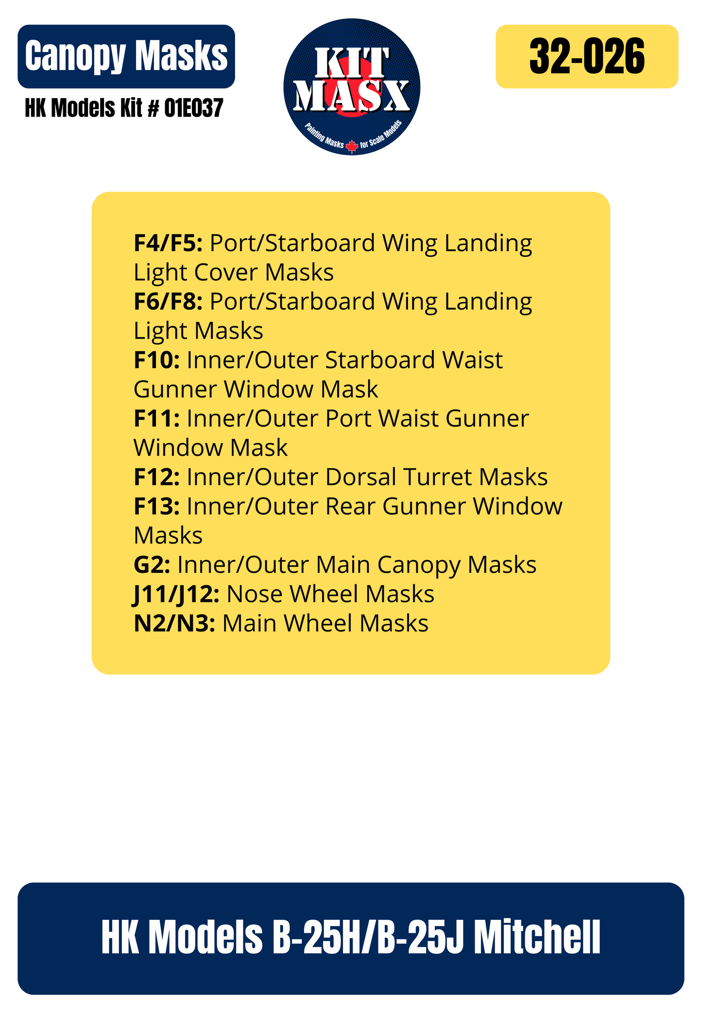 HK Models B-25H/B-25J Mitchell 1/32 Canopy & Wheel Paint Masks, Kit # 01E037