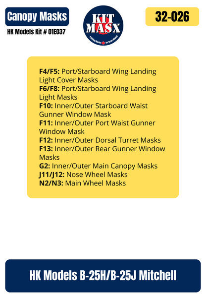 HK Models B-25H/B-25J Mitchell 1/32 Canopy & Wheel Paint Masks, Kit # 01E037