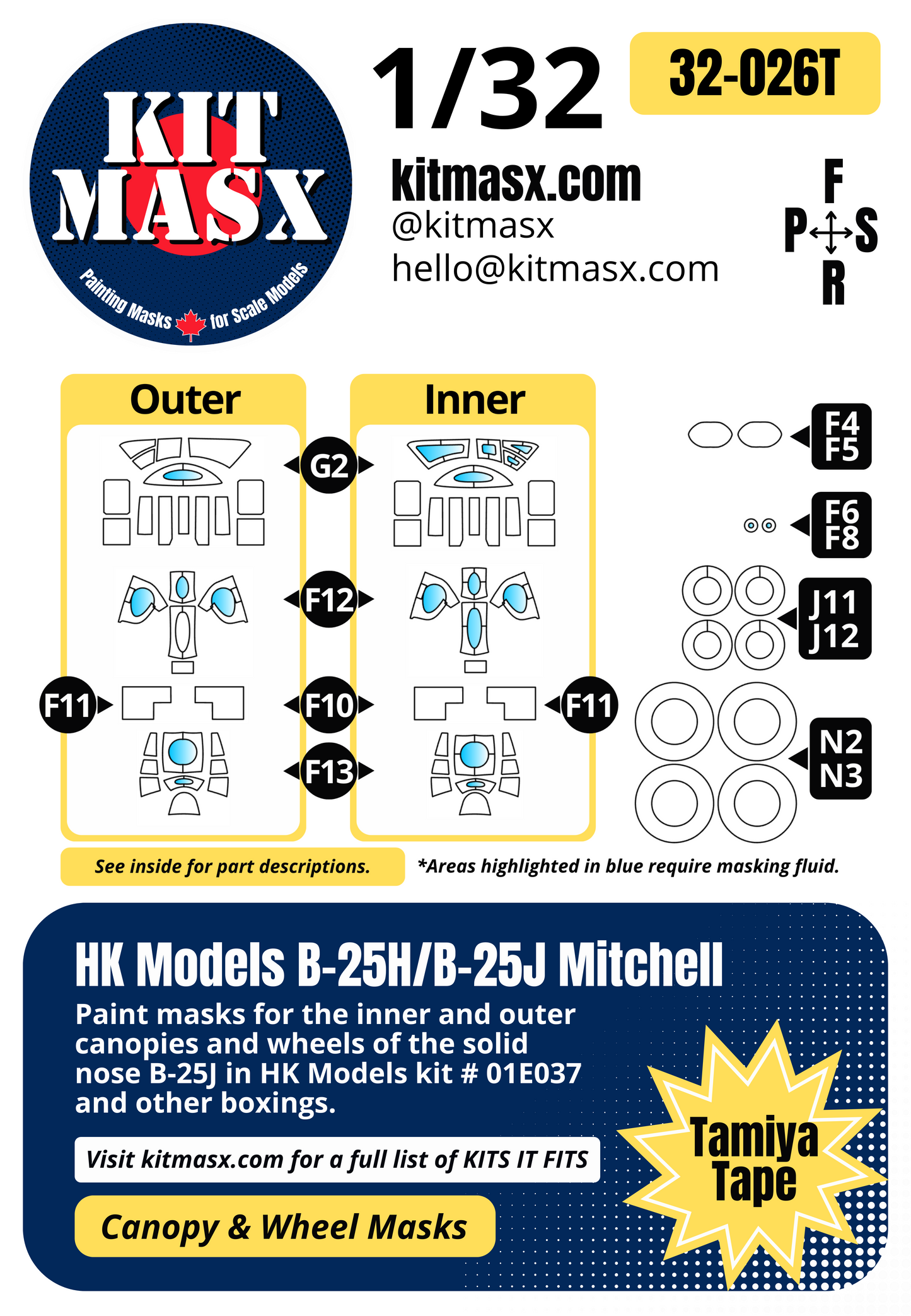 HK Models B-25H/B-25J Mitchell 1/32 Canopy & Wheel Paint Masks, Kit # 01E037