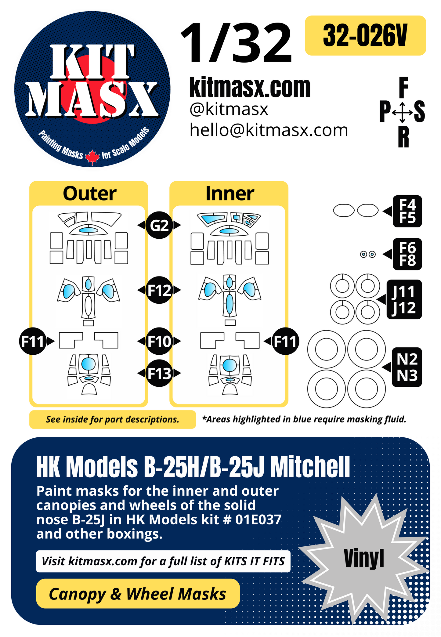 HK Models B-25H/B-25J Mitchell 1/32 Canopy & Wheel Paint Masks, Kit # 01E037