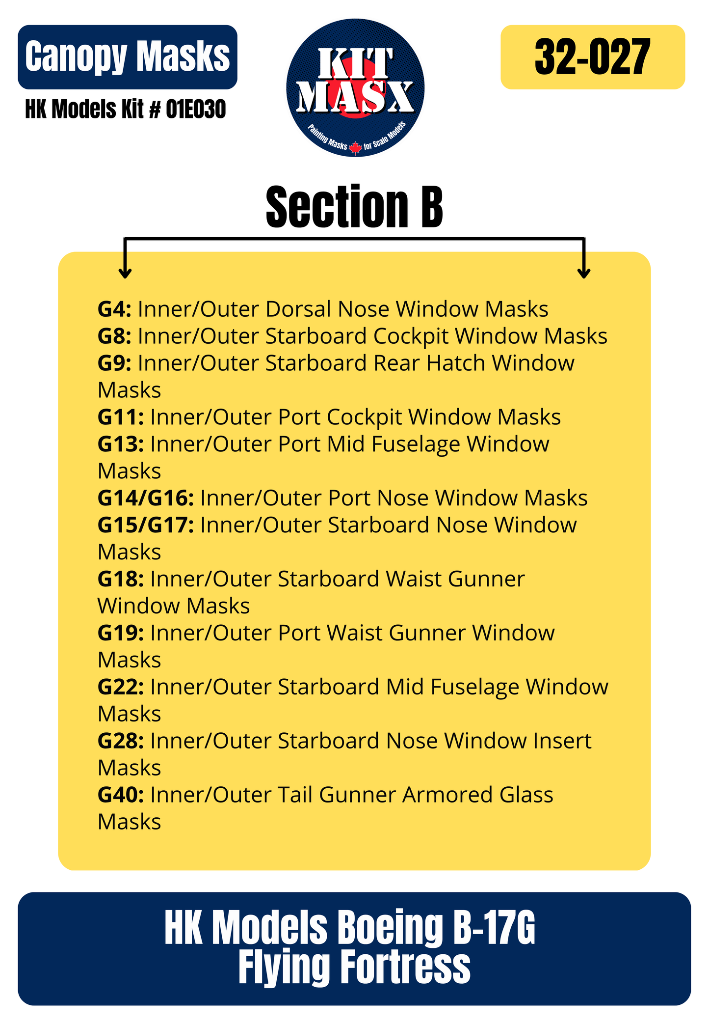 HK Models Boeing B-17G Flying Fortress 1/32 Canopy Paint Masks, Kit # 01E030