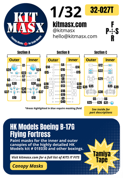 HK Models Boeing B-17G Flying Fortress 1/32 Canopy Paint Masks, Kit # 01E030