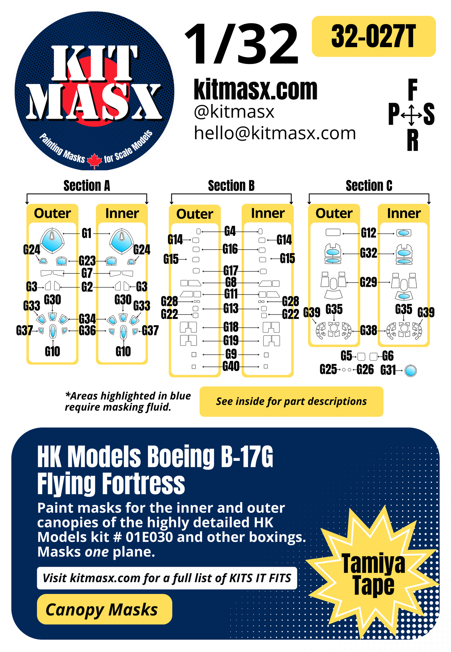 HK Models Boeing B-17G Flying Fortress 1/32 Canopy Paint Masks, Kit # 01E030