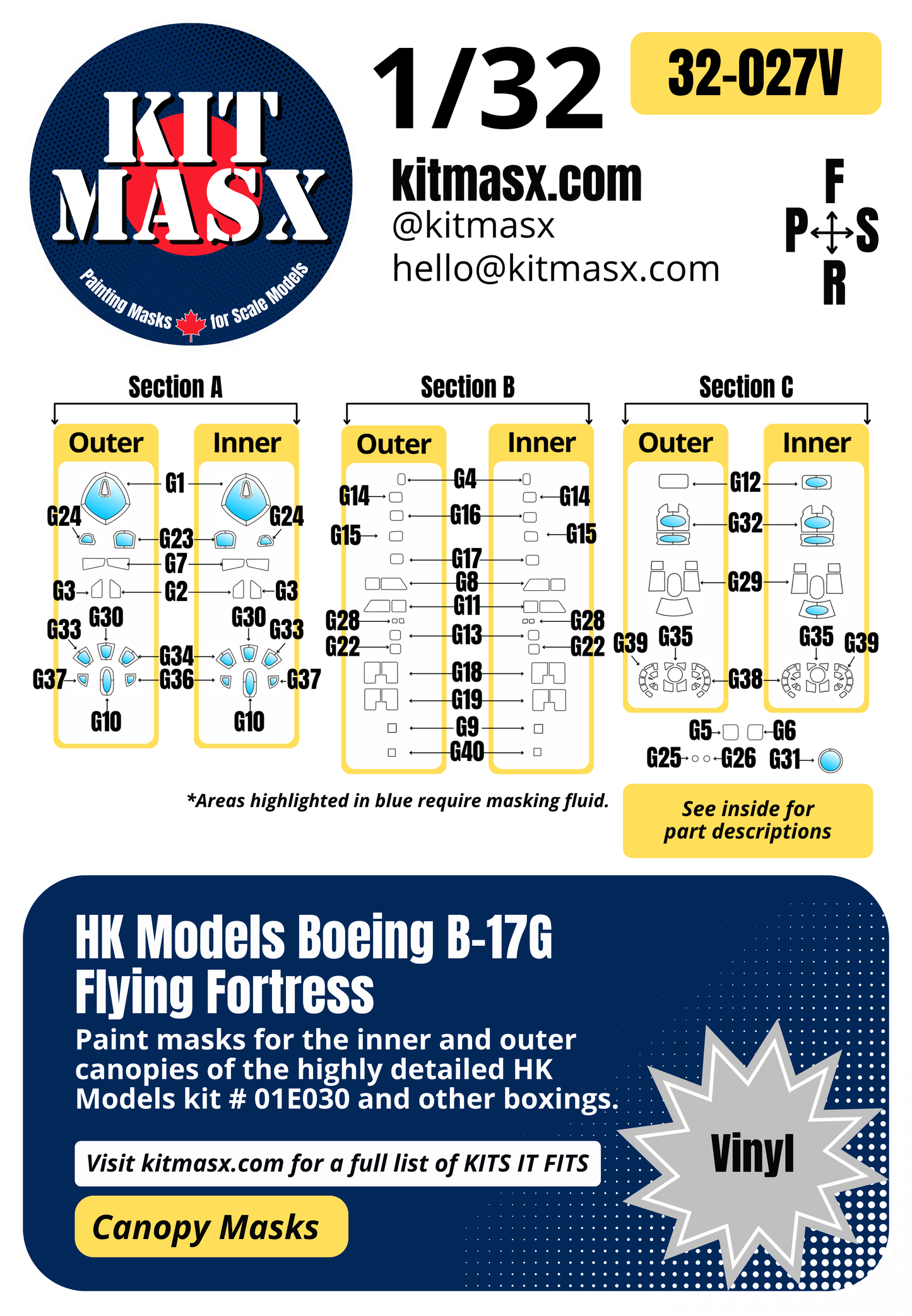 HK Models Boeing B-17G Flying Fortress 1/32 Canopy Paint Masks, Kit # 01E030