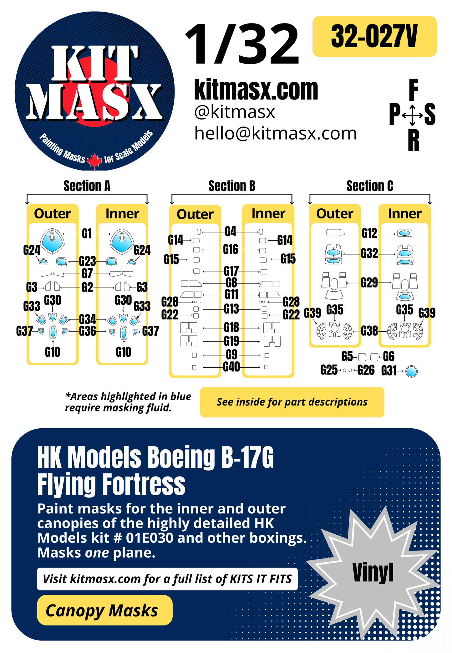 HK Models Boeing B-17G Flying Fortress 1/32 Canopy Paint Masks, Kit # 01E030