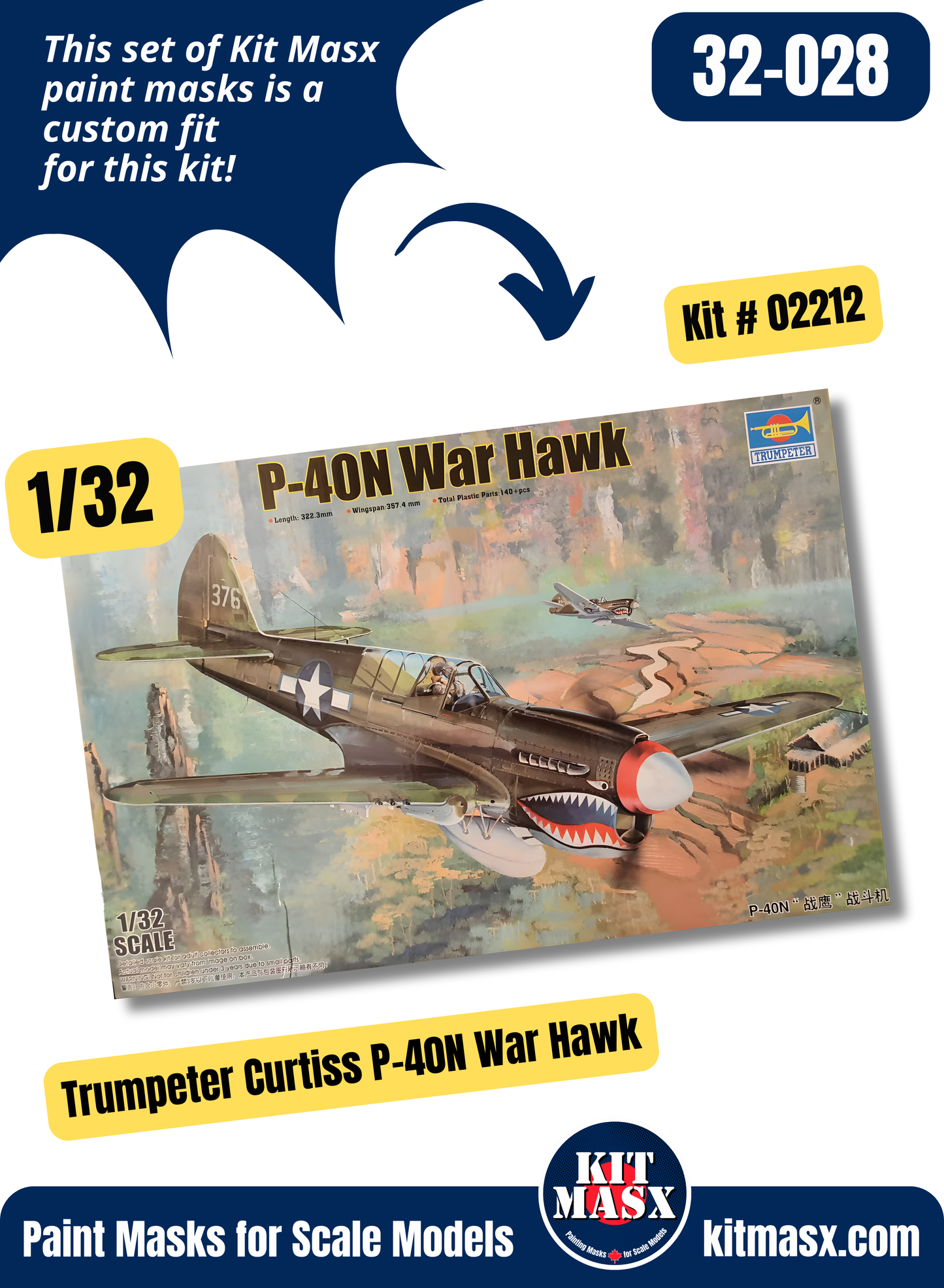 Trumpeter Curtiss P-40N War Hawk, 42-105711, 502nd Fighter Squadron “Parrot Hawk” 1/32 All-in-One Master Mask Set, Kit 02212