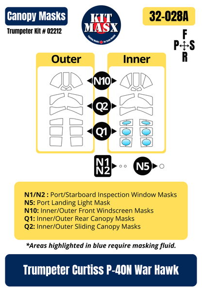 Trumpeter Curtiss P-40N War Hawk, 42-105711, 502nd Fighter Squadron “Parrot Hawk” 1/32 All-in-One Master Mask Set, Kit 02212
