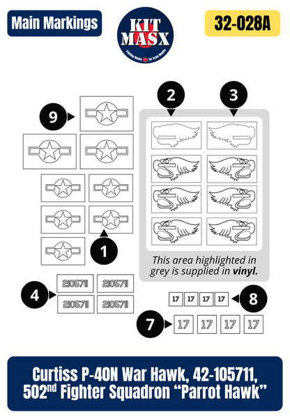 Trumpeter Curtiss P-40N War Hawk, 42-105711, 502nd Fighter Squadron “Parrot Hawk” 1/32 All-in-One Master Mask Set, Kit 02212
