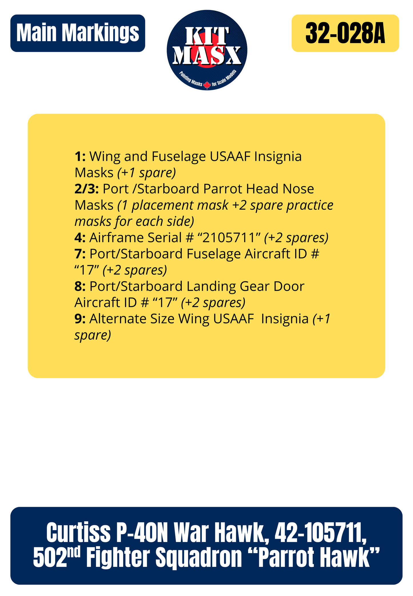 Trumpeter Curtiss P-40N War Hawk, 42-105711, 502nd Fighter Squadron “Parrot Hawk” 1/32 All-in-One Master Mask Set, Kit 02212