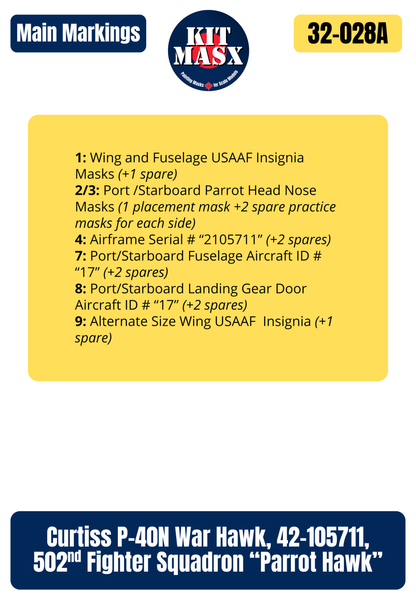 Trumpeter Curtiss P-40N War Hawk, 42-105711, 502nd Fighter Squadron “Parrot Hawk” 1/32 All-in-One Master Mask Set, Kit 02212