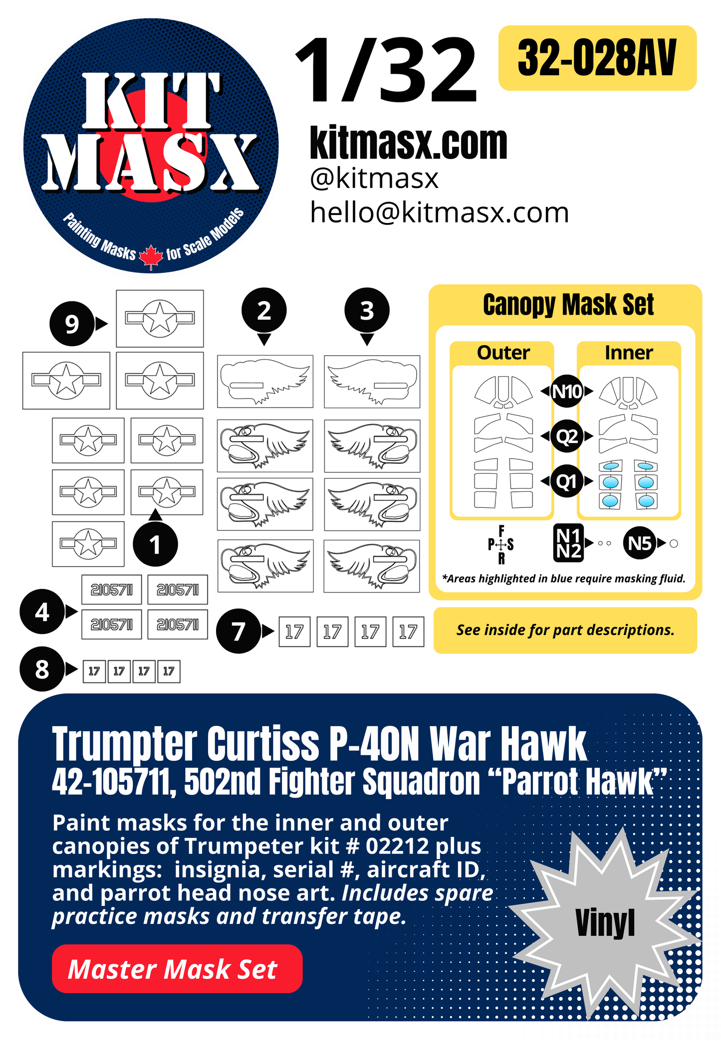 Trumpeter Curtiss P-40N War Hawk, 42-105711, 502nd Fighter Squadron “Parrot Hawk” 1/32 All-in-One Master Mask Set, Kit 02212