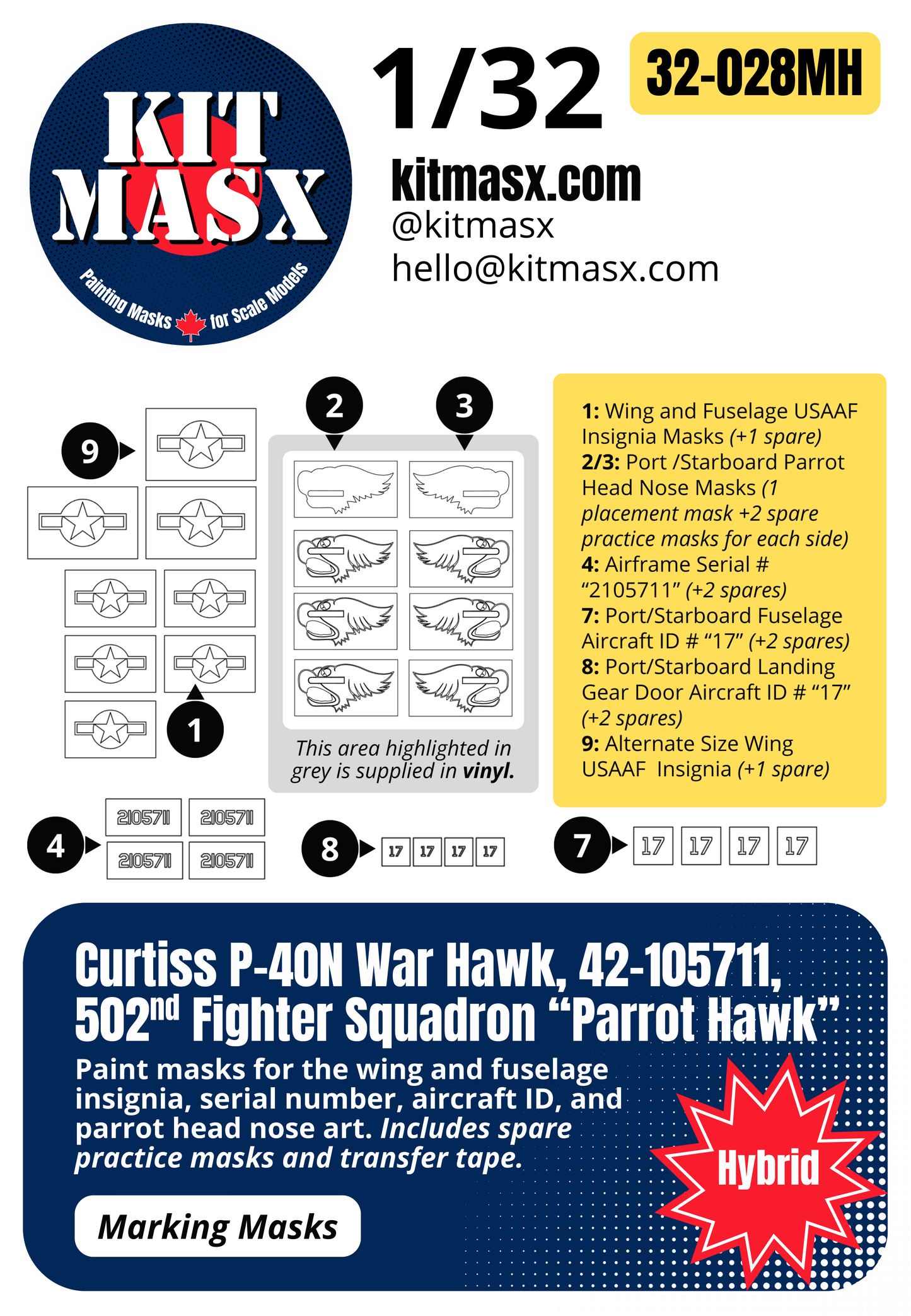 Curtiss P-40N War Hawk, 42-105711, 502nd Fighter Squadron “Parrot Hawk” 1/32 Main Marking Paint Masks