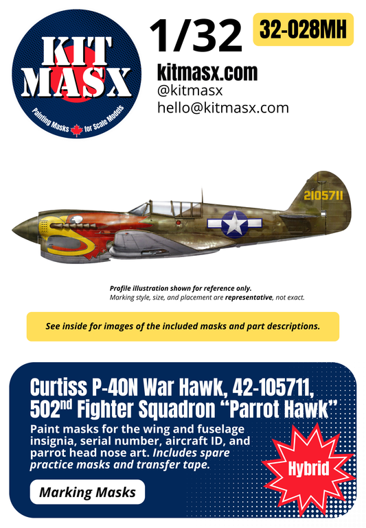 Curtiss P-40N War Hawk, 42-105711, 502nd Fighter Squadron “Parrot Hawk” 1/32 Main Marking Paint Masks