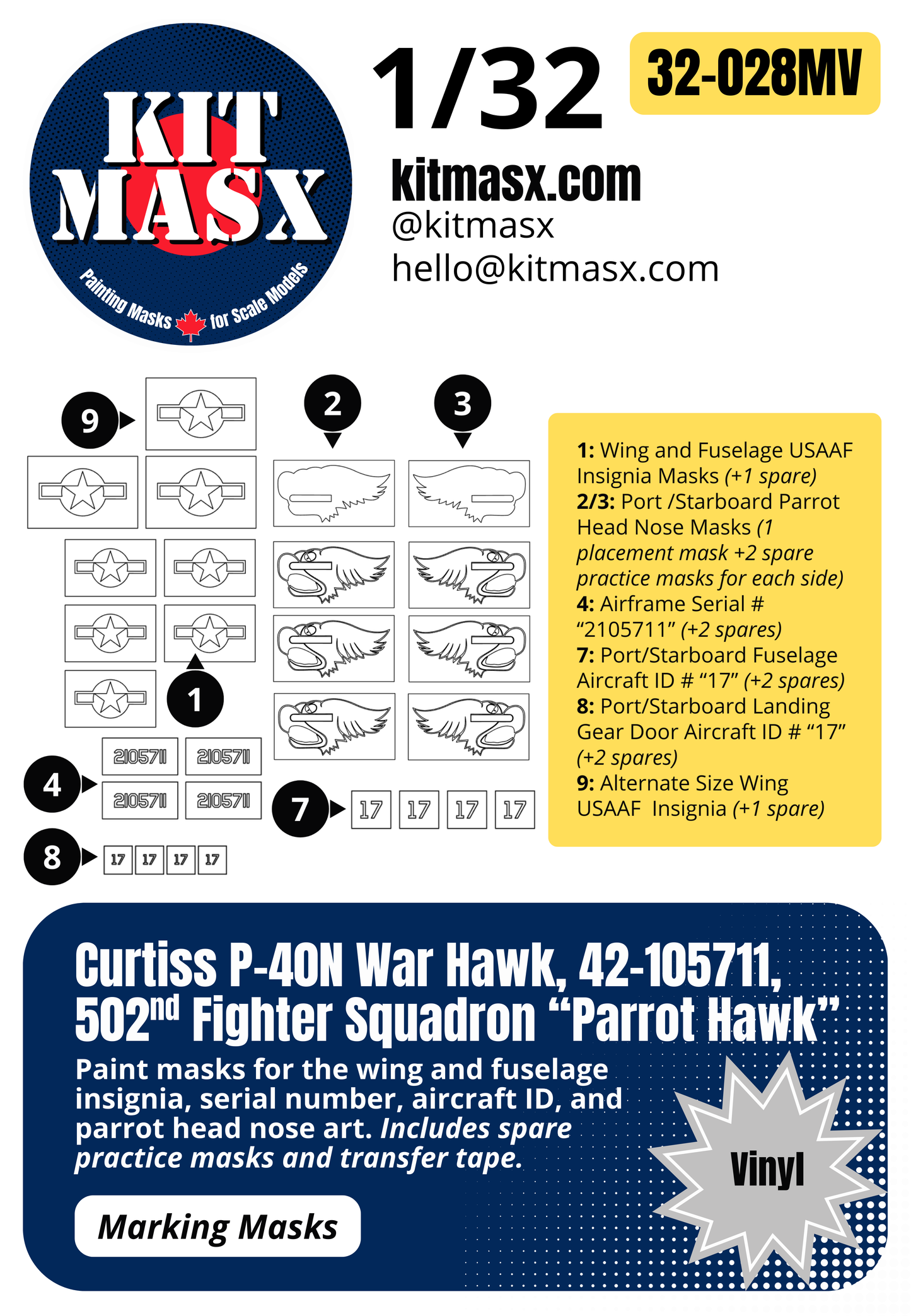 Curtiss P-40N War Hawk, 42-105711, 502nd Fighter Squadron “Parrot Hawk” 1/32 Main Marking Paint Masks
