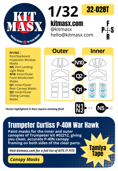 Trumpeter Curtiss P-40N War Hawk 1/32 Canopy Paint Masks, Kit # 02212