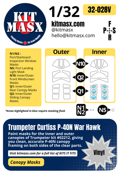 Trumpeter Curtiss P-40N War Hawk 1/32 Canopy Paint Masks, Kit # 02212