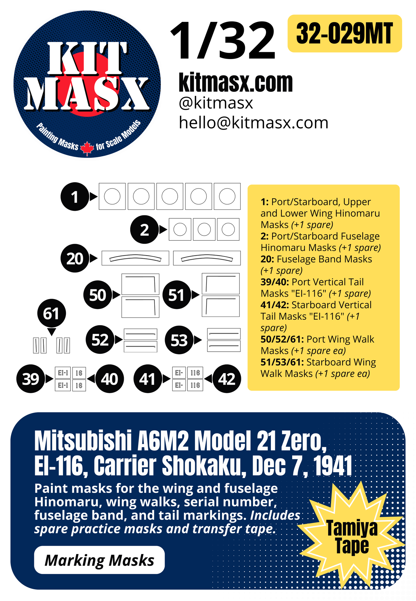 Mitsubishi A6M2 Model 21 Zero, EI-116, Carrier Shokaku, Dec 7, 1941 1/32 Main Marking Paint Masks