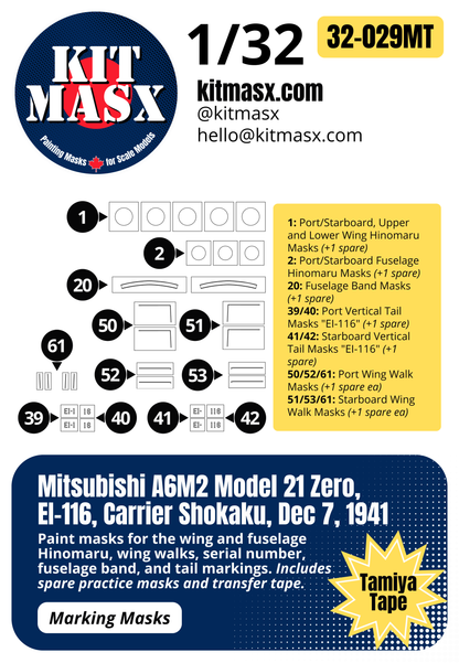 Mitsubishi A6M2 Model 21 Zero, EI-116, Carrier Shokaku, Dec 7, 1941 1/32 Main Marking Paint Masks