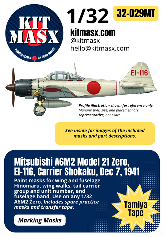 Mitsubishi A6M2 Model 21 Zero, EI-116, Carrier Shokaku, Dec 7, 1941 1/32 Main Marking Paint Masks
