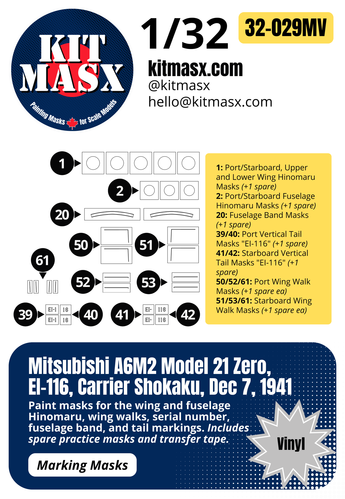 Mitsubishi A6M2 Model 21 Zero, EI-116, Carrier Shokaku, Dec 7, 1941 1/32 Main Marking Paint Masks