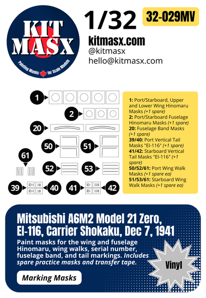 Mitsubishi A6M2 Model 21 Zero, EI-116, Carrier Shokaku, Dec 7, 1941 1/32 Main Marking Paint Masks