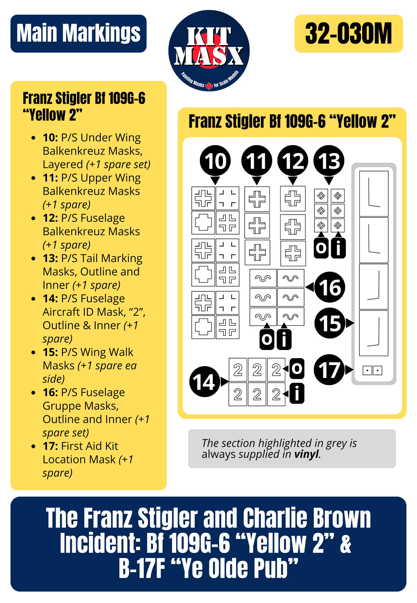 The Franz Stigler and Charlie Brown Incident: Bf 109G-6 “Yellow 2” & B-17F “Ye Olde Pub” 1/32 Main Marking Paint Masks